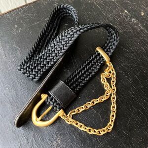 Vintage Braided Black Belt w/ Gold Chain & Hook Buckle, 60s-80s Glam